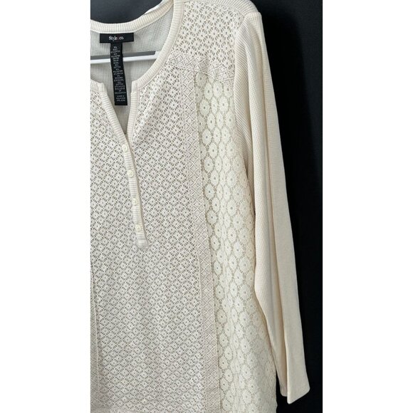 Style & Co Thermal Knit Long Sleeve Top Size XL lace Front Warm Ivor V Neck NWT - Picture 7 of 12